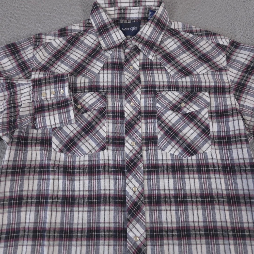 Wrangler Shirt Mens XL White Black Burgundy Plaid Pearl Snap Cotton Western Y2K